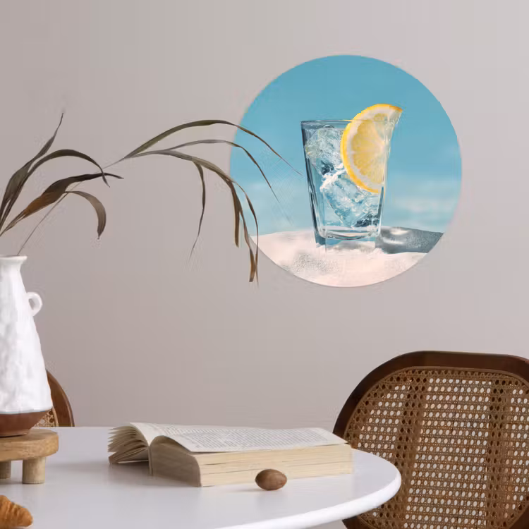 Glas - ijsblokjes - Citroen Wandcirkel behangsticker klein -sfeer3