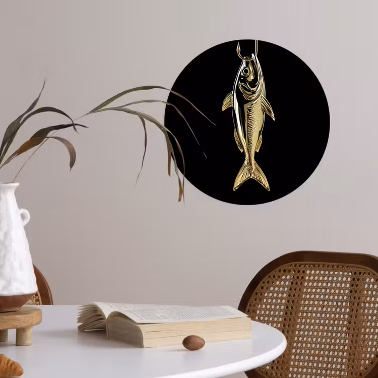 Goud - Vis - Haak - Zwart Wandcirkel behangsticker klein -sfeer3