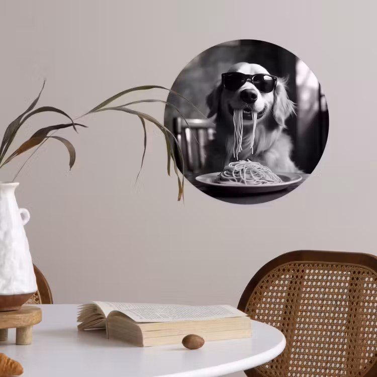 Golden Retriever - Hond - Vrolijk - Bord spaghetti - Zwart - wit Wandcirkel behangsticker klein -sfeer3