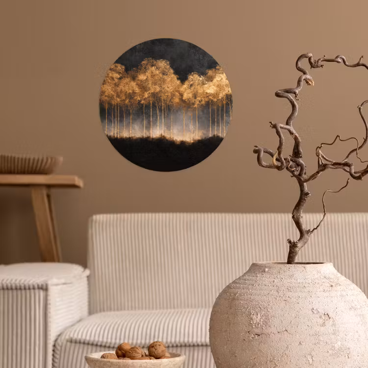 Gouden Bomen in Mistig Landschap Wandcirkel behangsticker klein -sfeer1