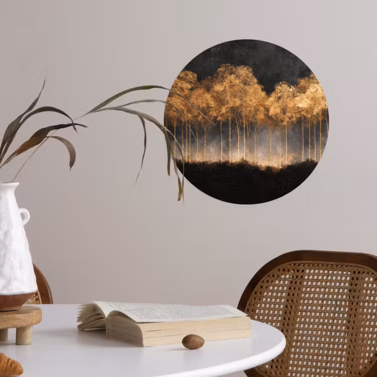 Gouden Bomen in Mistig Landschap Wandcirkel behangsticker klein -sfeer3
