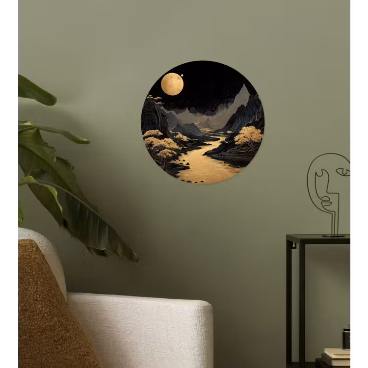Gouden rivier - Bergen - Maan - Sterrenhemel Wandcirkel behangsticker klein -sfeer2