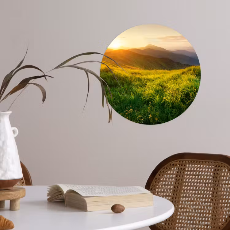 Gras - Heuvels - Zon - Natuur - Landschap Wandcirkel behangsticker klein -sfeer3