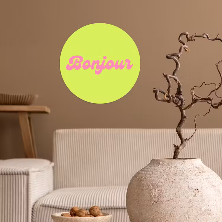 Groen - Roze bonjour - Retro Wandcirkel behangsticker klein -sfeer1