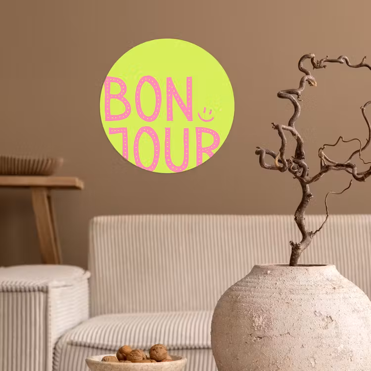 Groen - Smiley - Bonjour - Roze Wandcirkel behangsticker klein -sfeer1