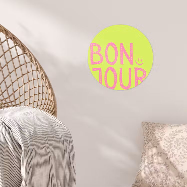 Groen - Smiley - Bonjour - Roze Wandcirkel behangsticker klein -sfeer4