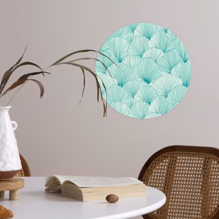 Groen - Wit - Ginko - Getekend - Textuur Wandcirkel behangsticker klein 186 -sfeer3
