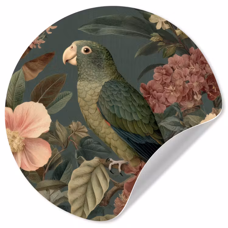 Groene papegaai - Kleurrijke bloemen - Donkere achtergrond Wandcirkel behangsticker klein -3d