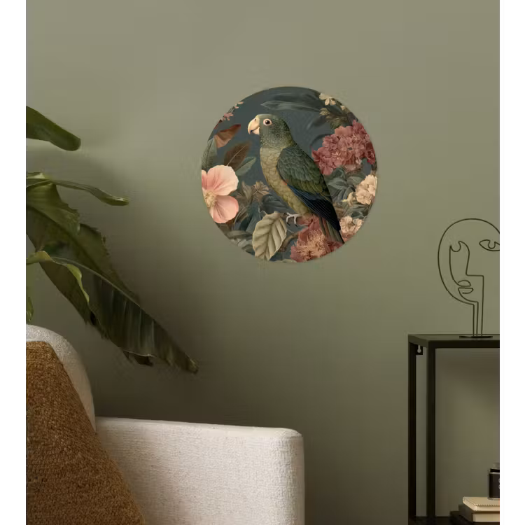 Groene papegaai - Kleurrijke bloemen - Donkere achtergrond Wandcirkel behangsticker klein -sfeer2