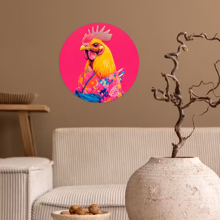 Haan - Kleurrijk - Kimono - Roze Wandcirkel behangsticker klein -sfeer1