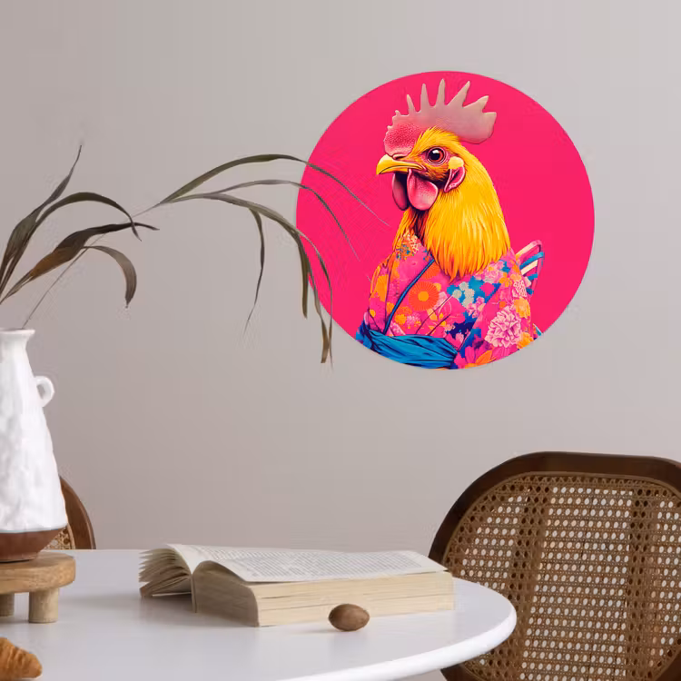 Haan - Kleurrijk - Kimono - Roze Wandcirkel behangsticker klein -sfeer3