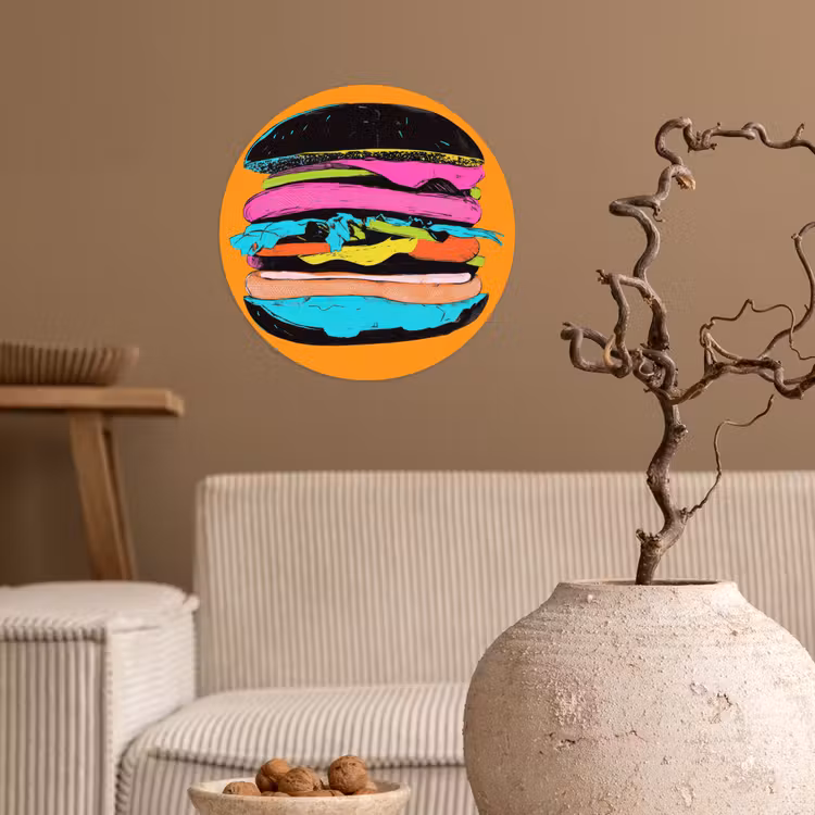 Hamburger - Kleurrijk - Speels Wandcirkel behangsticker klein -sfeer1
