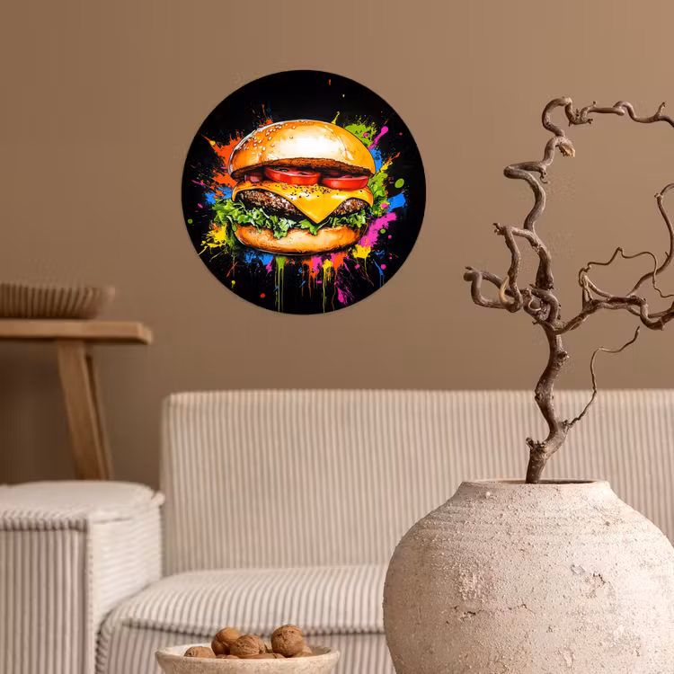 Hamburger - Graffiti - Verf - Kleurrijk - Eten - Abstract Wandcirkel behangsticker klein -sfeer1