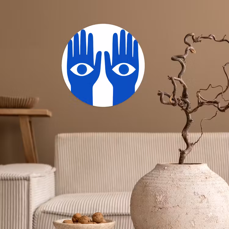 Handen - Twee - Ogen - Blauw Wandcirkel behangsticker klein -sfeer1