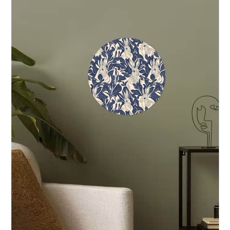 Hazen - Bladeren - Patroon - Blauw - Beige Wandcirkel behangsticker klein 186 -sfeer2