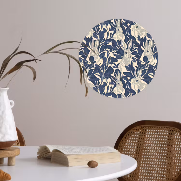 Hazen - Bladeren - Patroon - Blauw - Beige Wandcirkel behangsticker klein 186 -sfeer3