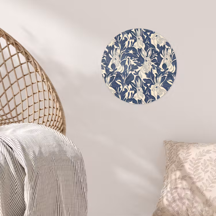 Hazen - Bladeren - Patroon - Blauw - Beige Wandcirkel behangsticker klein 186 -sfeer4