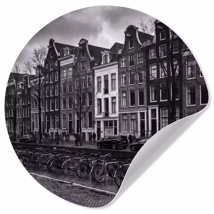 Huis - Gracht - Amsterdam - Architectuur - Zwart-wit Wandcirkel behangsticker klein -3d