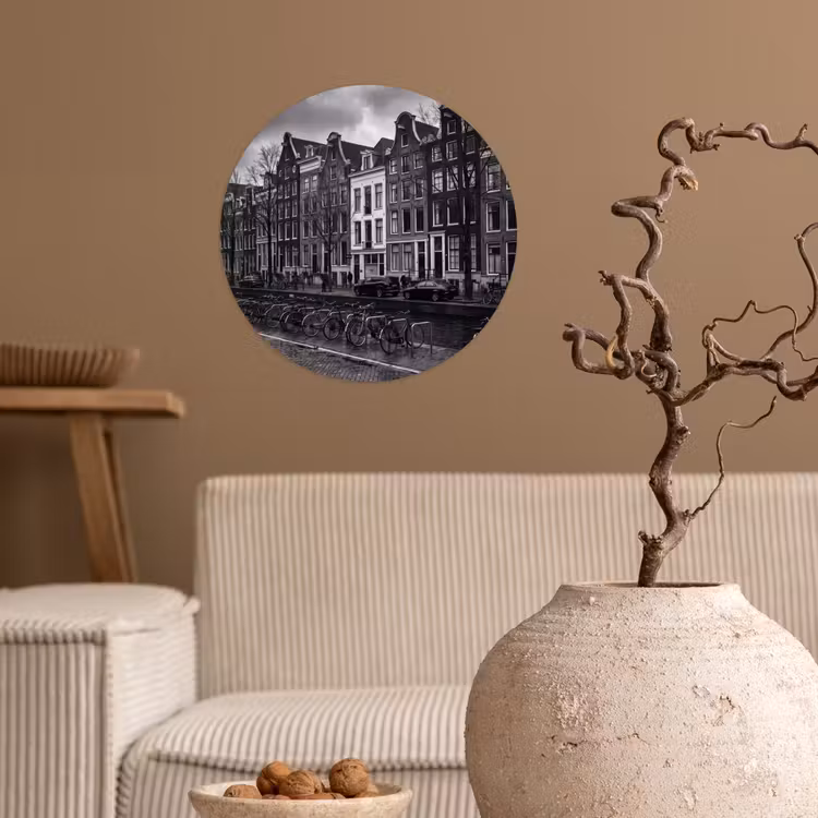Huis - Gracht - Amsterdam - Architectuur - Zwart-wit Wandcirkel behangsticker klein -sfeer1
