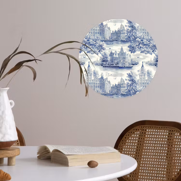 Huizen - Bomen - Water - Vogels - Blauw Wandcirkel behangsticker klein 186 -sfeer3