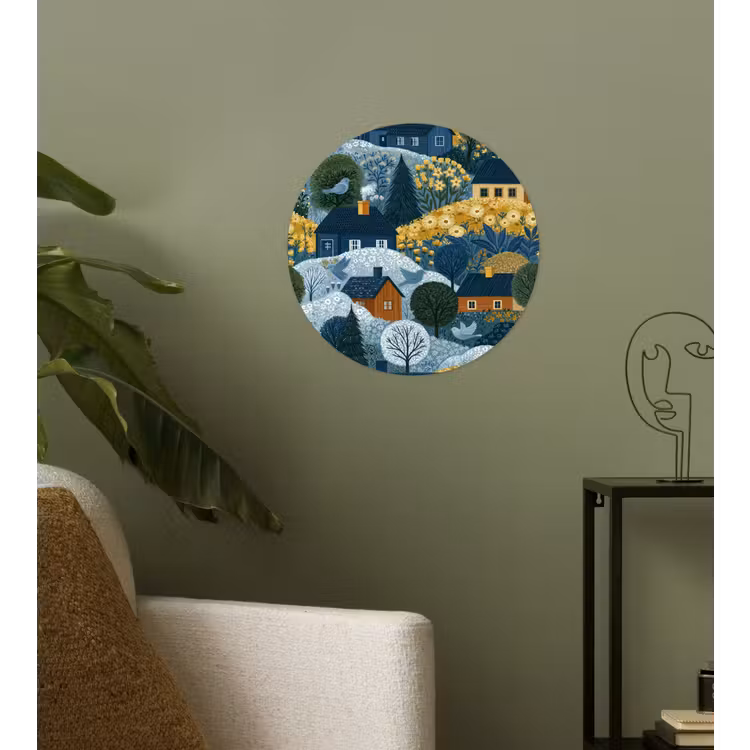 Huisjes - Bloemen - Patroon - Geel - Blauw Wandcirkel behangsticker klein 186 -sfeer2
