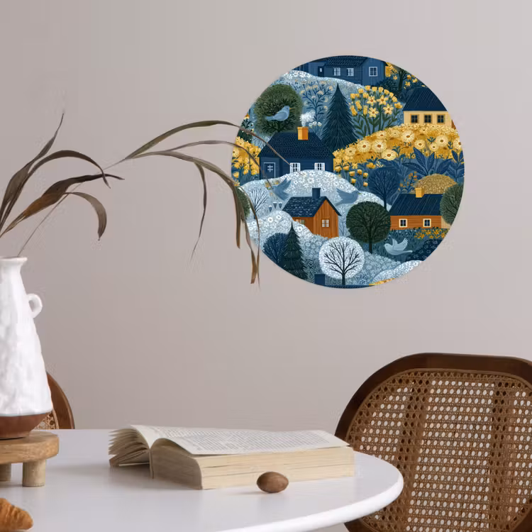 Huisjes - Bloemen - Patroon - Geel - Blauw Wandcirkel behangsticker klein 186 -sfeer3