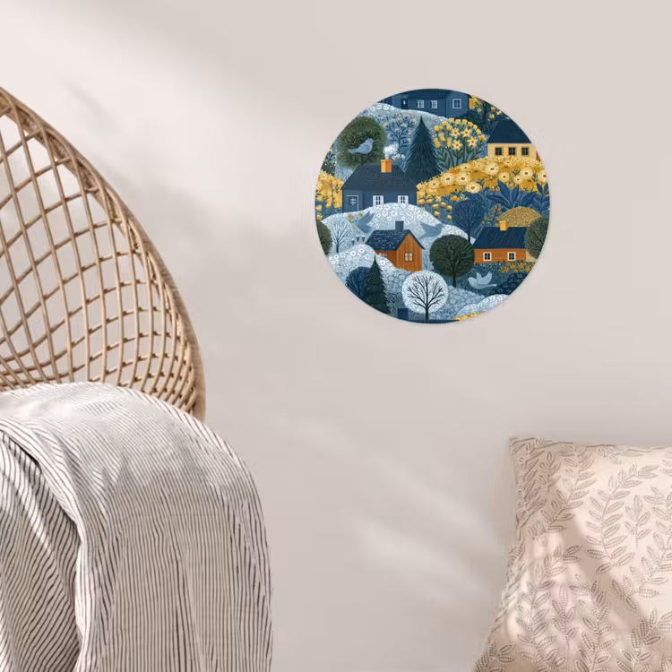 Huisjes - Bloemen - Patroon - Geel - Blauw Wandcirkel behangsticker klein 186 -sfeer4