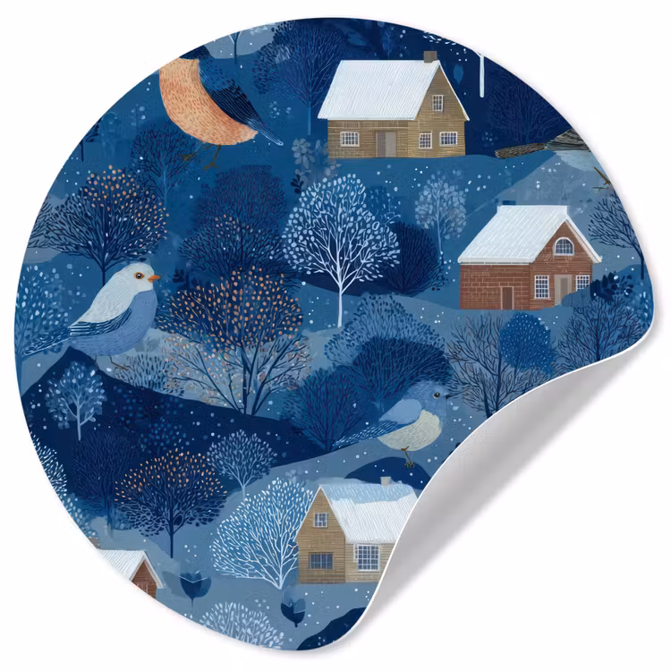 Huisjes - Vogels - Sneeuw - Winter - Blauw Wandcirkel behangsticker klein 186 -3d