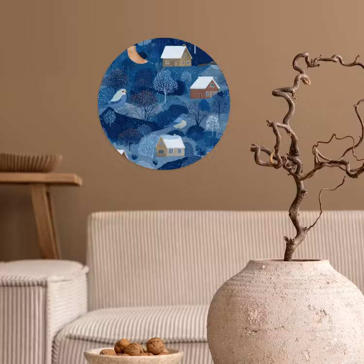 Huisjes - Vogels - Sneeuw - Winter - Blauw Wandcirkel behangsticker klein 186 -sfeer1