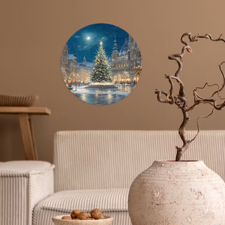 Kerstnacht - Stadsplein - Meerkleurig Wandcirkel behangsticker klein -sfeer1