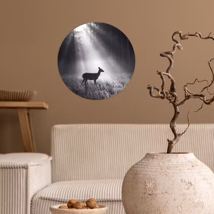 Hert - Bos - Zonnestralen - Zwart-wit - Natuur Wandcirkel behangsticker klein -sfeer1