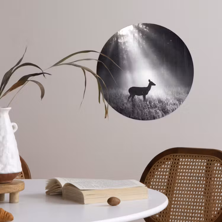 Hert - Bos - Zonnestralen - Zwart-wit - Natuur Wandcirkel behangsticker klein -sfeer3