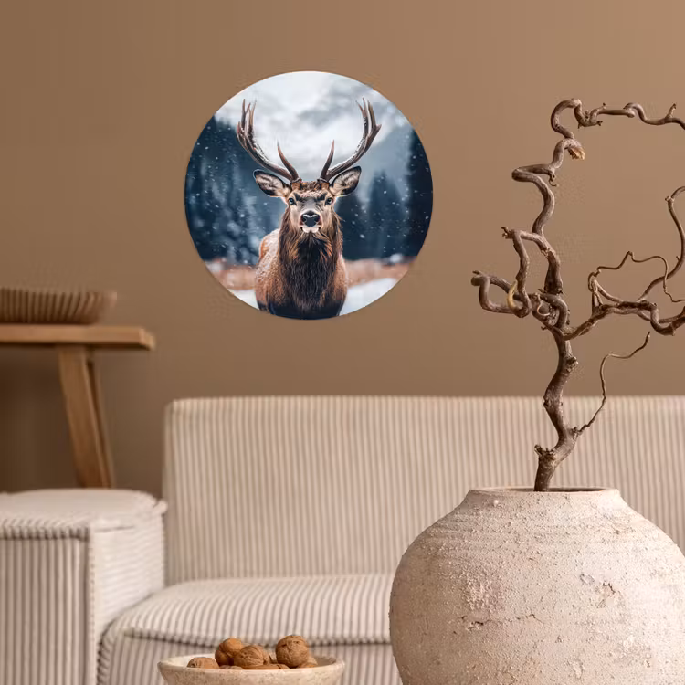 Hert - Dieren - Landschap - Winter - Sneeuw Wandcirkel behangsticker klein -sfeer1