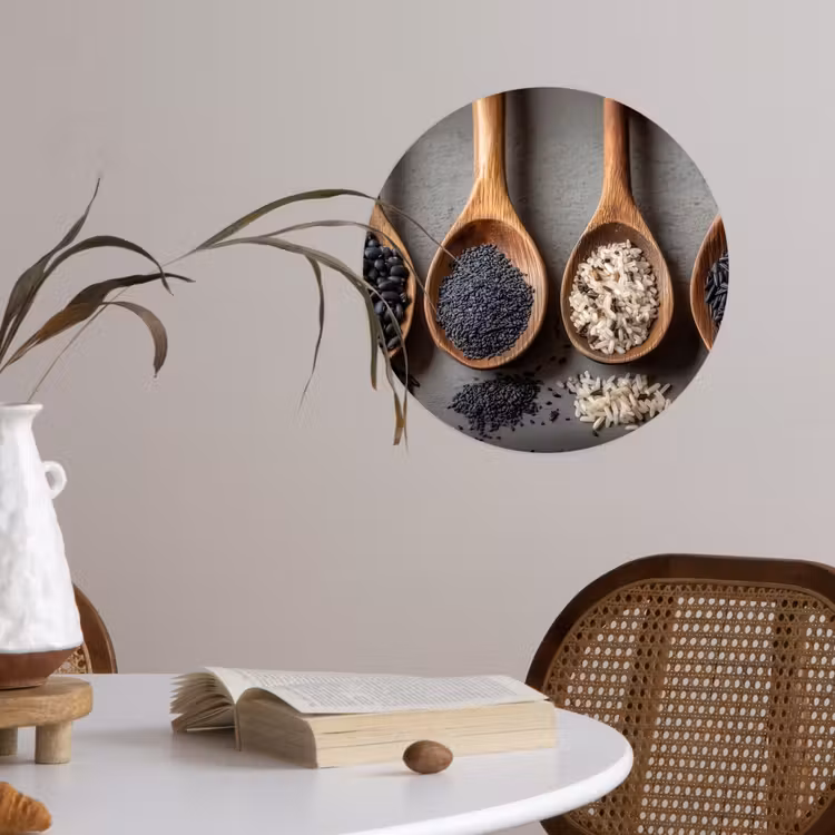 Houten - Lepels - Rijst - Zaden Wandcirkel behangsticker klein -sfeer3