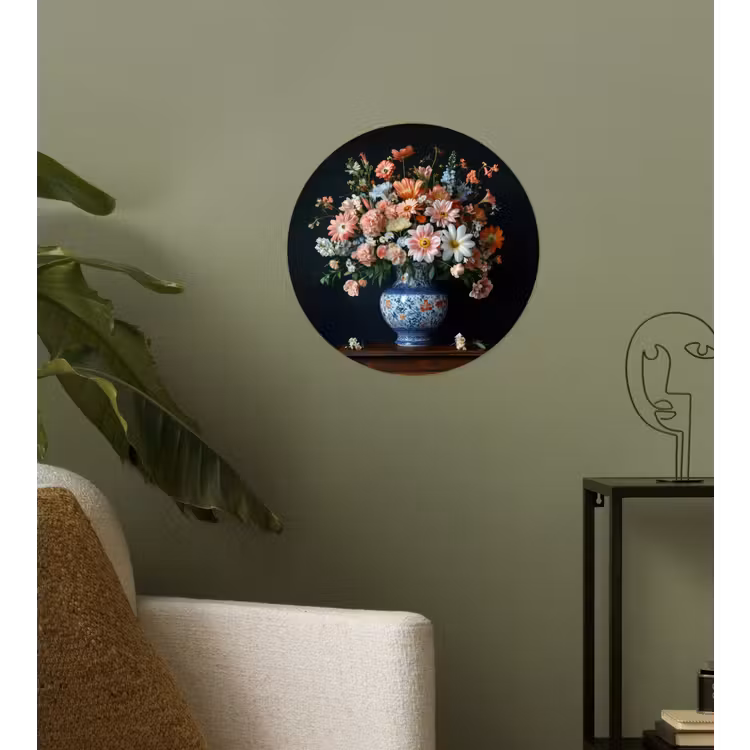Hout - Vaas - Kleuren - Bloemen Wandcirkel behangsticker klein -sfeer2