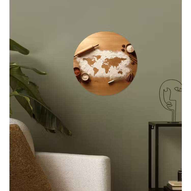 Hout - Wereldkaart - Bakken - Keuken Wandcirkel behangsticker klein -sfeer2