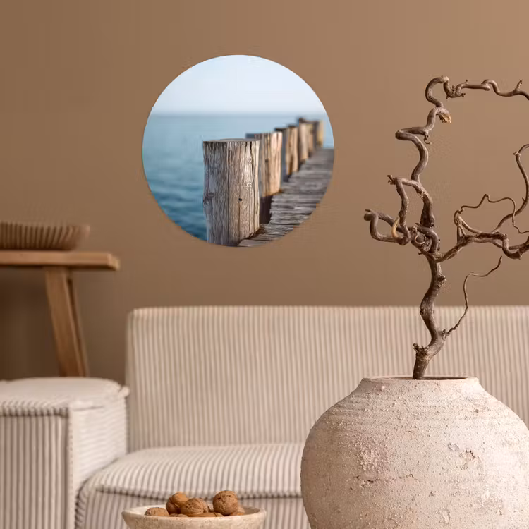 Houten steiger - Helderblauwe lucht Wandcirkel behangsticker klein -sfeer1
