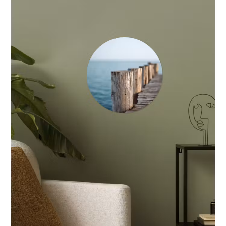 Houten steiger - Helderblauwe lucht Wandcirkel behangsticker klein -sfeer2