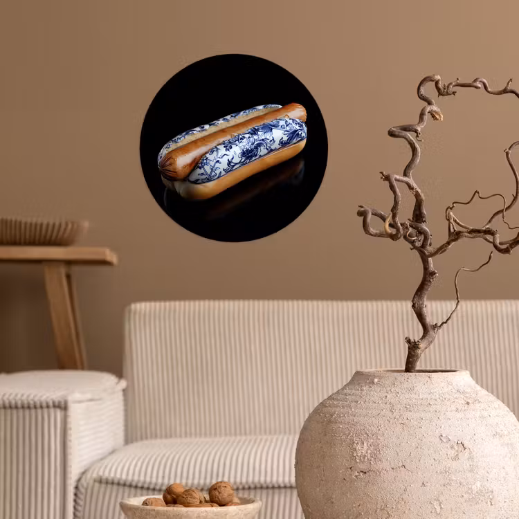 Hotdog - Porselein - Delfts blauw - Eten Wandcirkel behangsticker klein -sfeer1