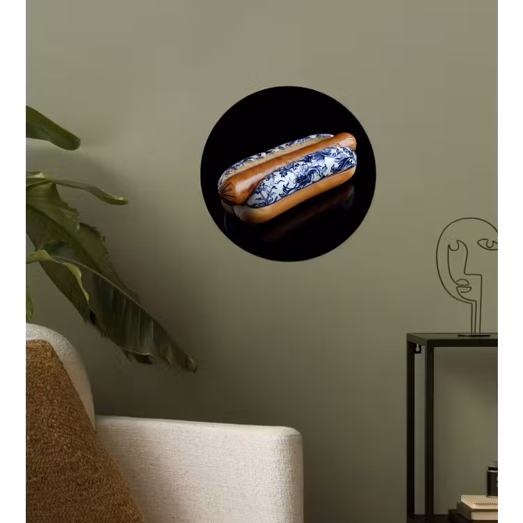 Hotdog - Porselein - Delfts blauw - Eten Wandcirkel behangsticker klein -sfeer2