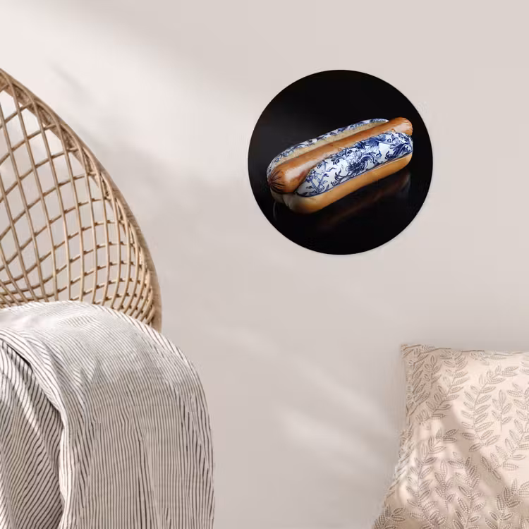 Hotdog - Porselein - Delfts blauw - Eten Wandcirkel behangsticker klein -sfeer4