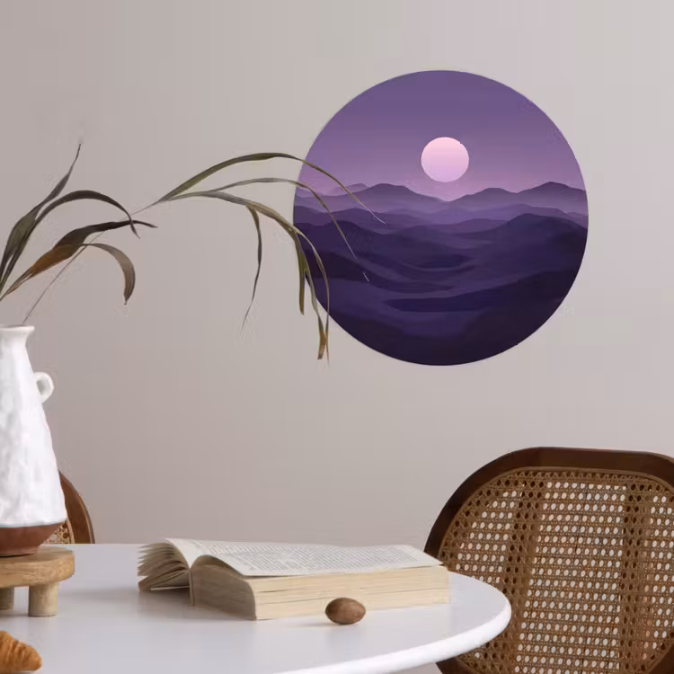 Heuvels - Paars - Mist - Zon Wandcirkel behangsticker klein -sfeer3