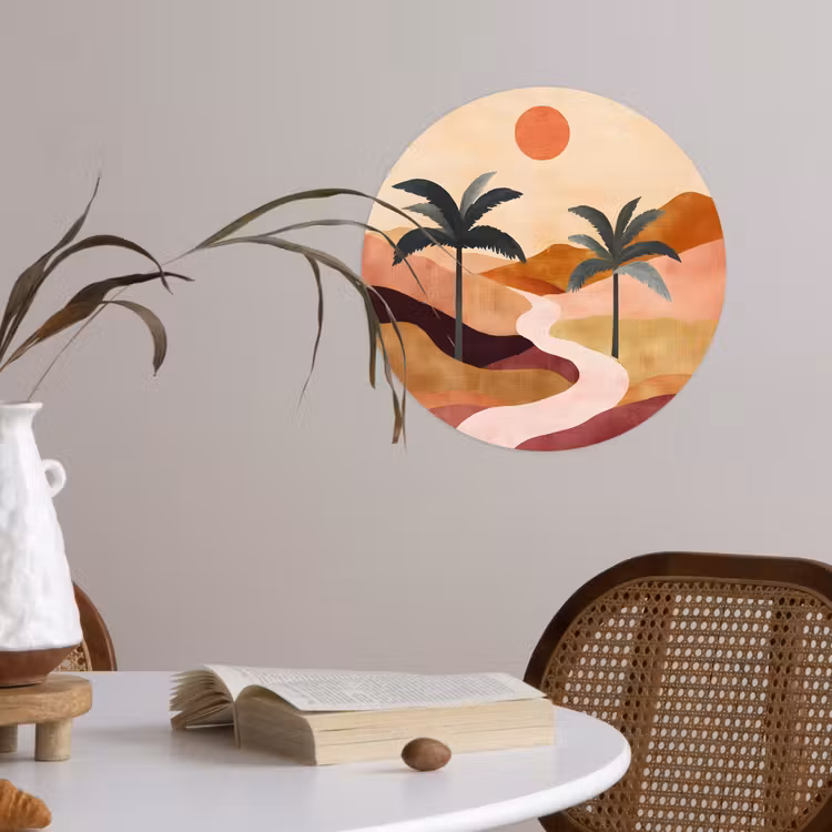 Heuvels - Palmbomen - Abstract Wandcirkel behangsticker klein -sfeer3