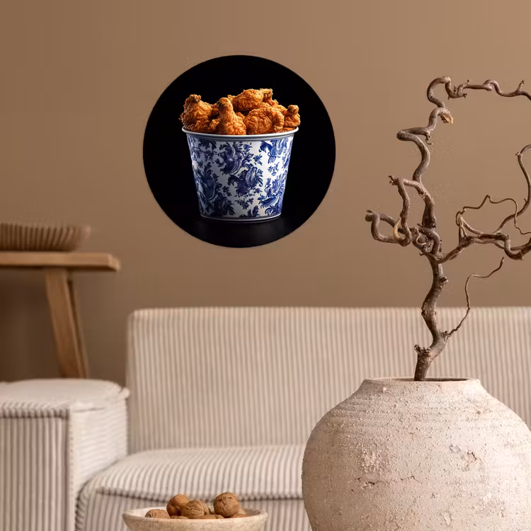 Kip - Bucket - Delfts blauw - Lekker Wandcirkel behangsticker klein -sfeer1