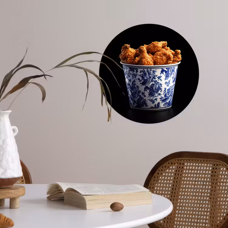 Kip - Bucket - Delfts blauw - Lekker Wandcirkel behangsticker klein -sfeer3