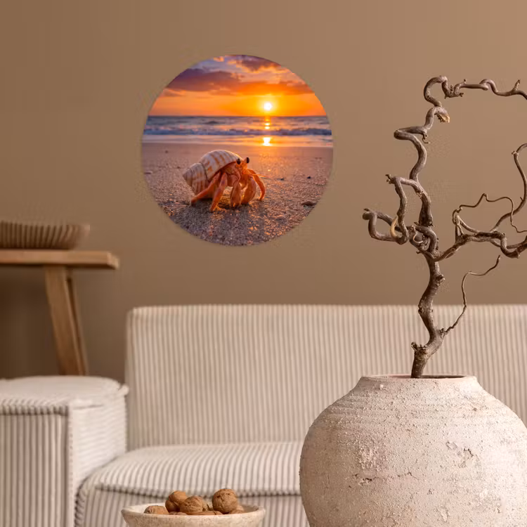 Kreeft - Strand - Natuur - Zonsondergang - Oranje Wandcirkel behangsticker klein -sfeer1