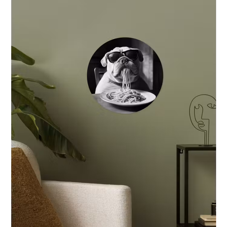 Hond - Bulldog - Pasta - Bril - Stoer - Dieren Wandcirkel behangsticker klein -sfeer2