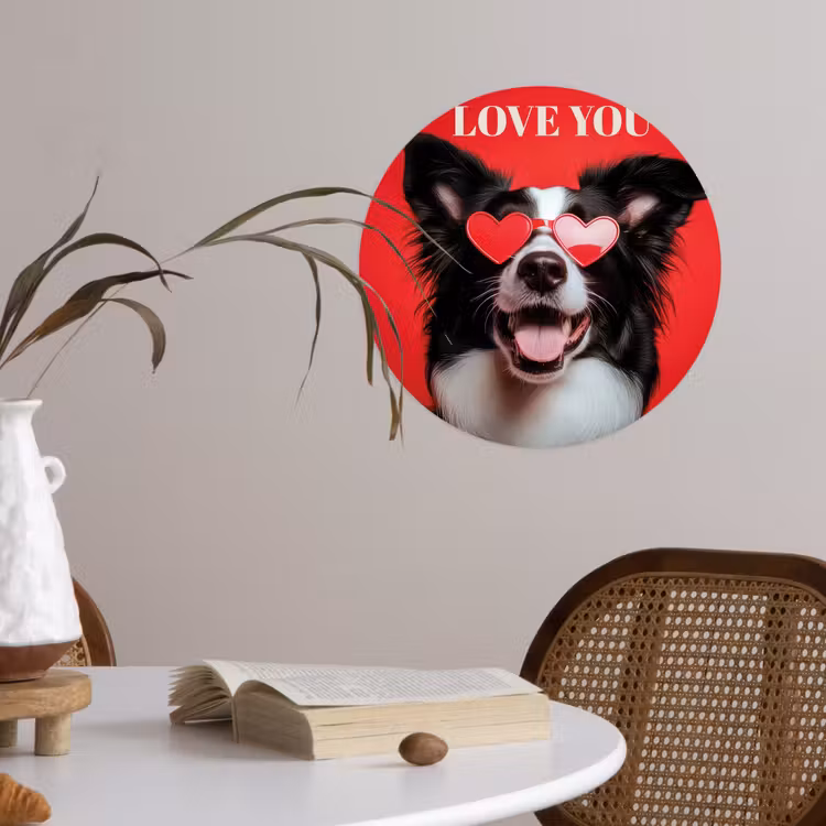 Hond - Hartjesbril - Loveyou - Rood Wandcirkel behangsticker klein -sfeer3