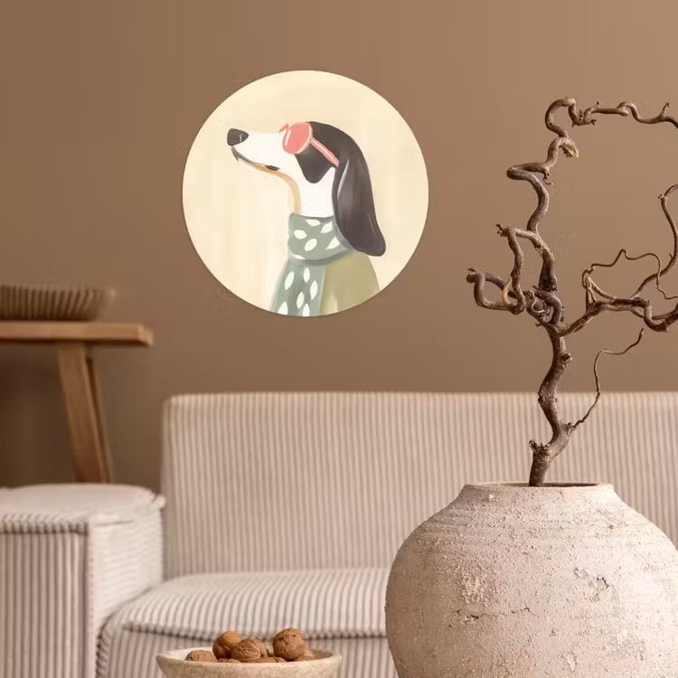 Hond - Zonnebril - Sjaal Wandcirkel behangsticker klein -sfeer1