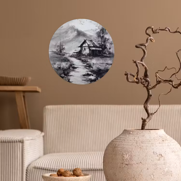 Hut - Grijs - Bergen - Mistig Wandcirkel behangsticker klein -sfeer1
